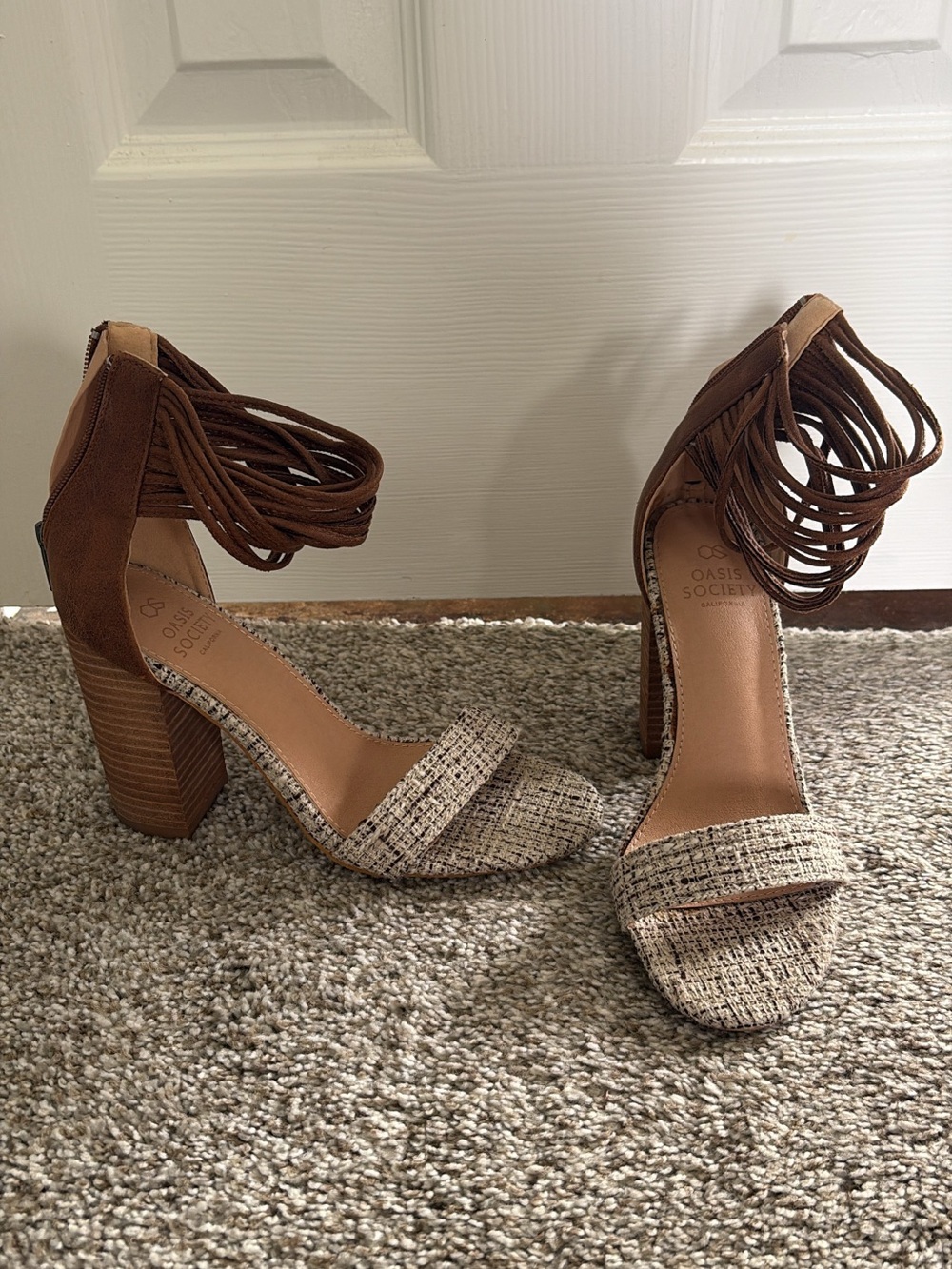 Society Two-Tone Brown and Beige Woven Block Heel Sandals